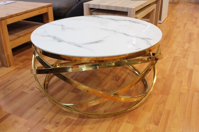 Couchtisch Glasauflage Mamor Optik sw oder weiß + Metall Gestell Gold oder Chrome