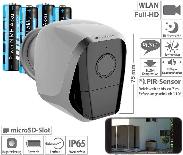 VisorTech IPC-680 Überwachungskamera WLAN mit App, 12 Monate Stand-by, 4 Akkus PIR Sensor Überwachung Kamera System Sicherheit Schutz 