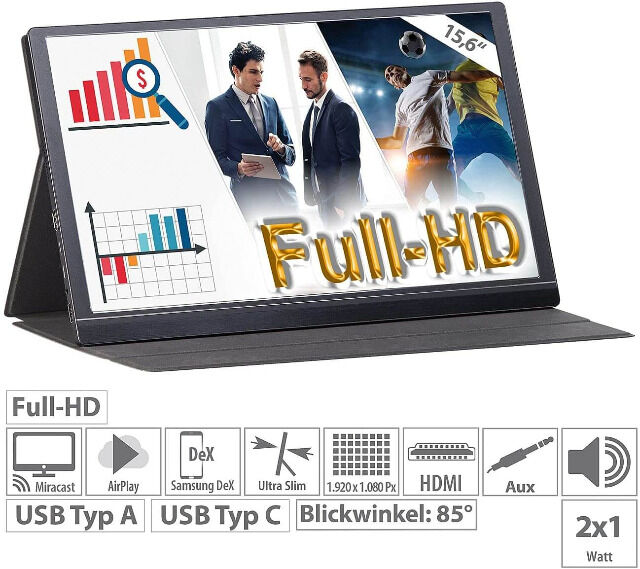 auvisio EZM-210 (ZX-5067-675) Tragbarer Monitor Mobiler Full-HD-IPS-Monitor, 39,6 cm 15.6