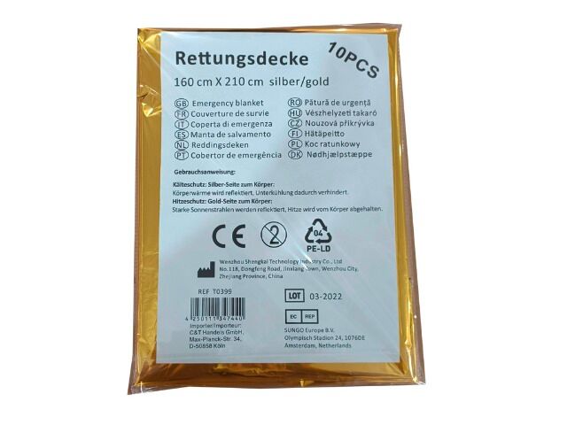 Rettungsdecke 160 *210 cm, gold/silber