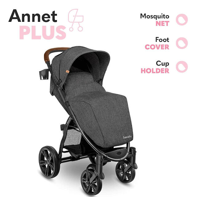 Lionelo ANNET dunkelgrau Kinderwagen Buggy mit Polyesterbezug und Schaumreifen Fliegengitter Fußsack klappbar Babybuggy Babywagen Urlaub