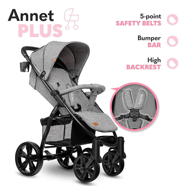 Lionelo ANNET grau Kinderwagen Buggy mit Polyesterbezug und Schaumreifen Fliegengitter Fußsack klappbar Babybuggy Urlaub