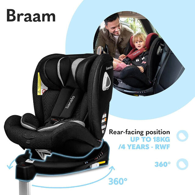 Lionelo Braam Carbon schwarz Kindersitz Isofix und Stützfuß oder Autogurte Autositz Auto 0-36 kg Autokindersitz
