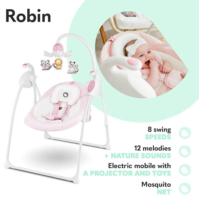 Lionelo Robin pink Babyschaukel mit Spieluhr, Musik - Schaukel Wippe Babywippe mit Moskitonetz 0-9kg Babywiege Baby Wiege Kinderschaukel 
