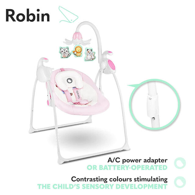 Lionelo Robin pink Babyschaukel mit Spieluhr, Musik - Schaukel Wippe Babywippe mit Moskitonetz 0-9kg Babywiege Baby Wiege Kinderschaukel 