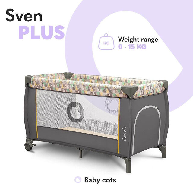 Lionelo Sven Plus in GELB grau Kinder Baby Reisebett mit Wickeltisch Kinderbett Babybett Urlaub Reise unterwegs mobil faltbar Tasche Trolley