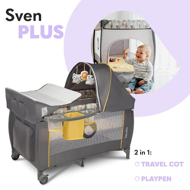 Lionelo Sven Plus in GELB grau Kinder Baby Reisebett mit Wickeltisch Kinderbett Babybett Urlaub Reise unterwegs mobil faltbar Tasche Trolley