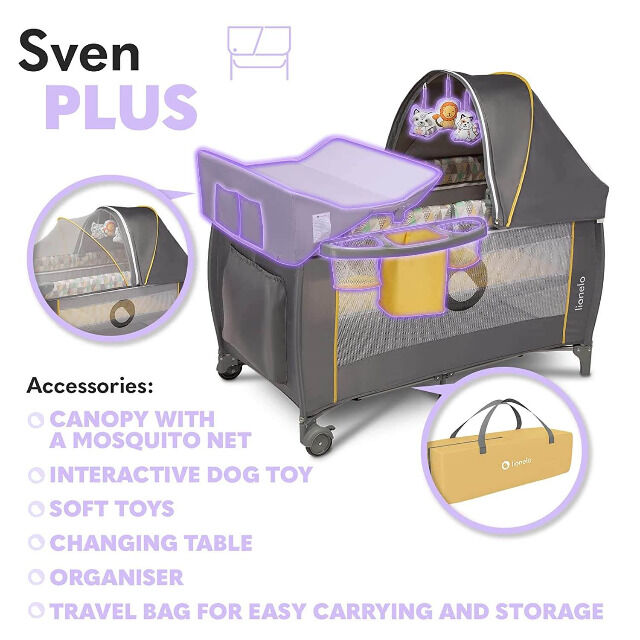 Lionelo Sven Plus in GELB grau Kinder Baby Reisebett mit Wickeltisch Kinderbett Babybett Urlaub Reise unterwegs mobil faltbar Tasche Trolley