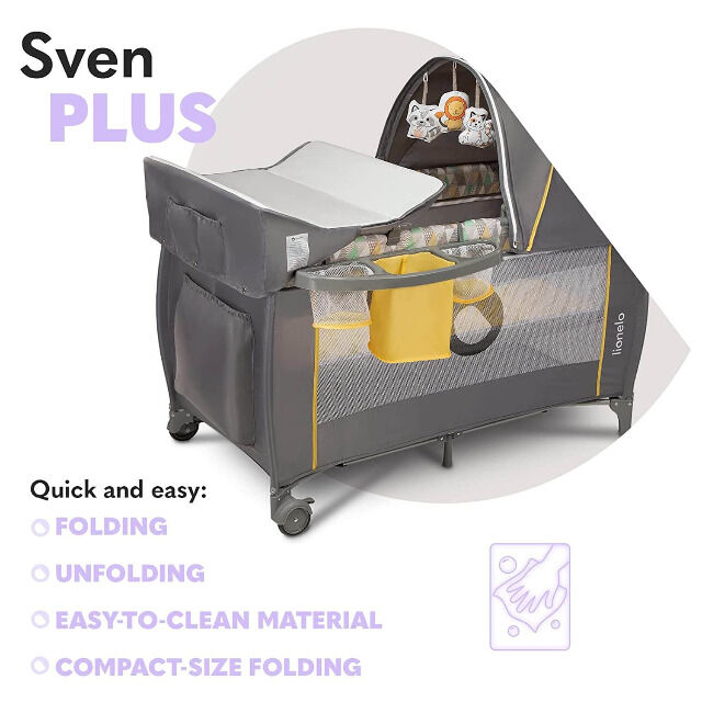 Lionelo Sven Plus in GELB grau Kinder Baby Reisebett mit Wickeltisch Kinderbett Babybett Urlaub Reise unterwegs mobil faltbar Tasche Trolley