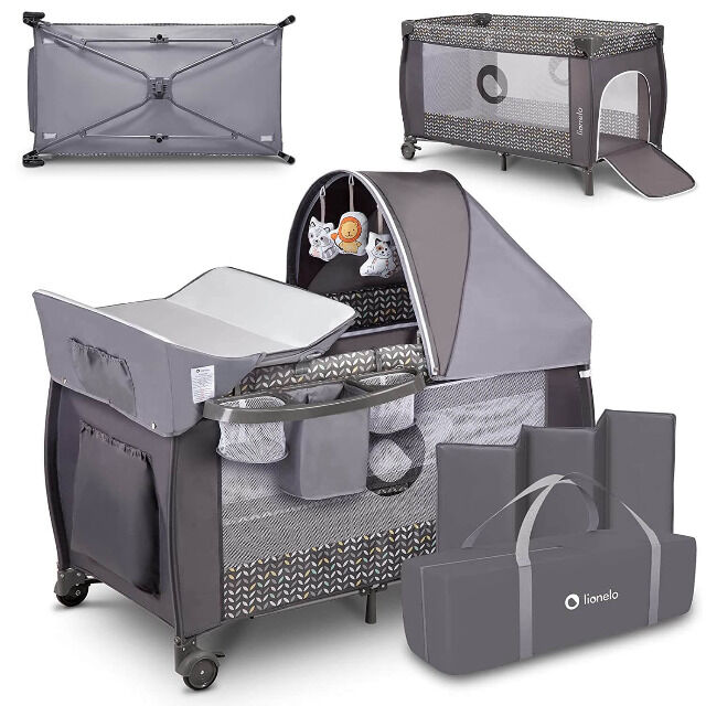 Lionelo Sven Plus in GRAU Kinder Baby Reisebett mit Wickeltisch Kinderbett Babybett Urlaub Reise unterwegs mobil faltbar Tasche Trolley