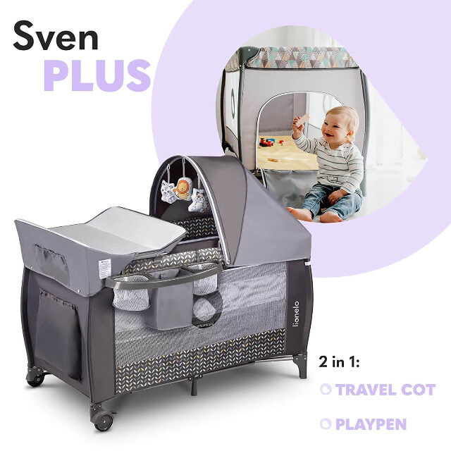 Lionelo Sven Plus in GRAU Kinder Baby Reisebett mit Wickeltisch Kinderbett Babybett Urlaub Reise unterwegs mobil faltbar Tasche Trolley