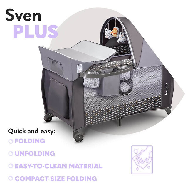 Lionelo Sven Plus in GRAU Kinder Baby Reisebett mit Wickeltisch Kinderbett Babybett Urlaub Reise unterwegs mobil faltbar Tasche Trolley