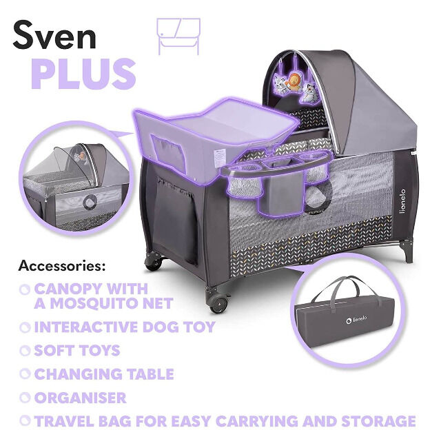 Lionelo Sven Plus in GRAU Kinder Baby Reisebett mit Wickeltisch Kinderbett Babybett Urlaub Reise unterwegs mobil faltbar Tasche Trolley