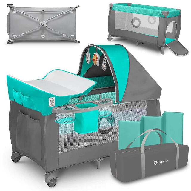Lionelo Sven Plus in türkis grau Kinder Baby Reisebett mit Wickeltisch Kinderbett Babybett Schlafen Schlaf Schlafbett unterwegs 