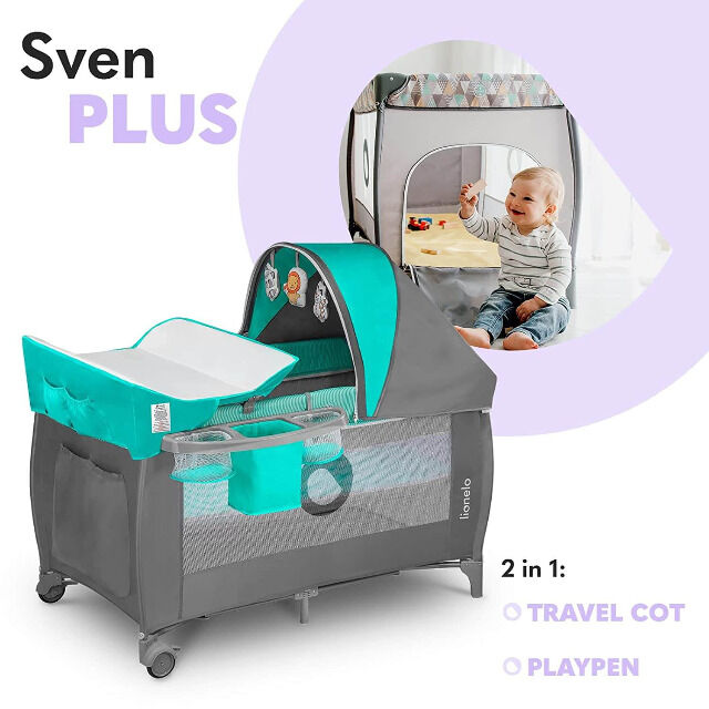 Lionelo Sven Plus in türkis grau Kinder Baby Reisebett mit Wickeltisch Kinderbett Babybett Schlafen Schlaf Schlafbett unterwegs 