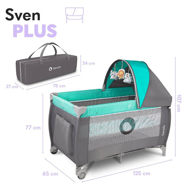 Lionelo Sven Plus in türkis grau Kinder Baby Reisebett mit Wickeltisch Kinderbett Babybett Schlafen Schlaf Schlafbett unterwegs 