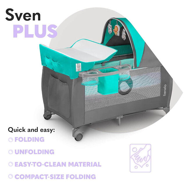 Lionelo Sven Plus in türkis grau Kinder Baby Reisebett mit Wickeltisch Kinderbett Babybett Schlafen Schlaf Schlafbett unterwegs 