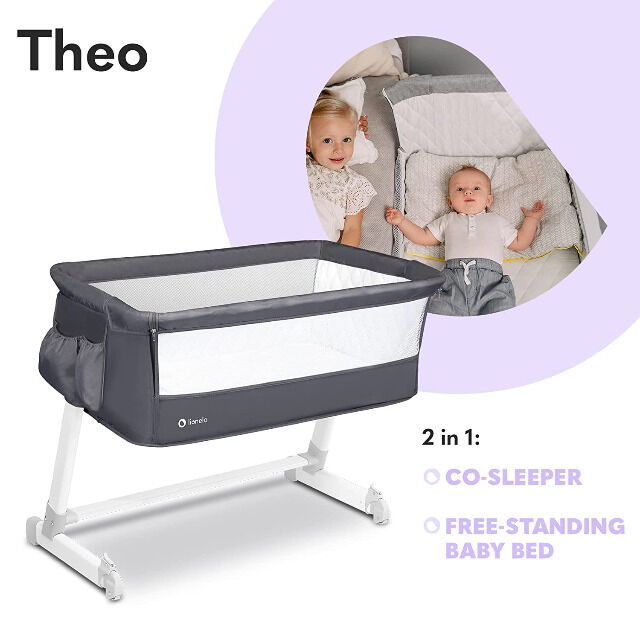 Lionelo Theo Baby Beistellbett Kinderbett dunkelgrau Babybett Zustellbett Bett Kinder Babywiege Matratze Moskitonetz Organizer Höhe Neigung
