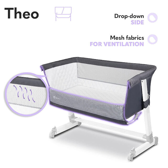Lionelo Theo Baby Beistellbett Kinderbett dunkelgrau Babybett Zustellbett Bett Kinder Babywiege Matratze Moskitonetz Organizer Höhe Neigung