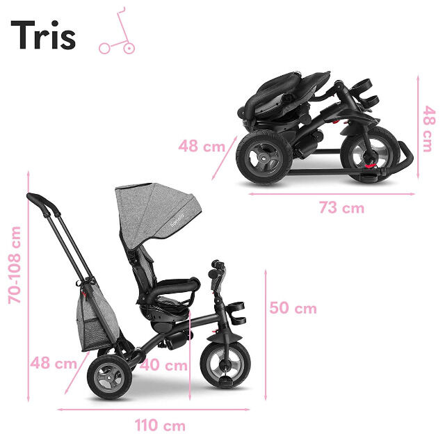 Lionelo Tris Grau Dreirad Laufrad Kinder Fahrrad mit Schiebestange flüsterleise Gummireifen
