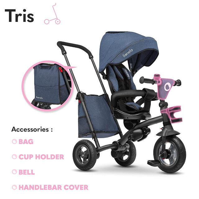 Lionelo Tris Jeans blue tricycle balance bike children's bike with push bar whisper-quiet rubber tires