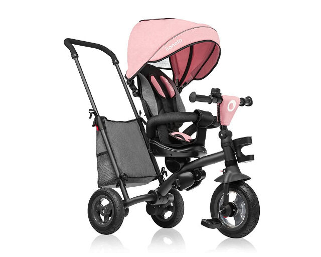 Lionelo Tris Rose grey Dreirad Laufrad Kinder Fahrrad mit Schiebestange flüsterleise Gummireifen