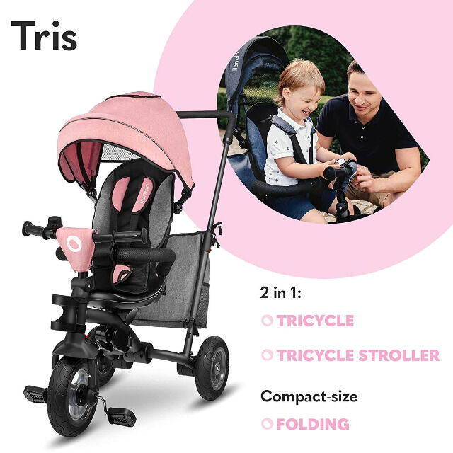 Lionelo Tris Rose grey Dreirad Laufrad Kinder Fahrrad mit Schiebestange flüsterleise Gummireifen