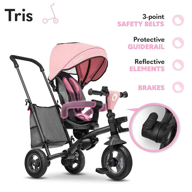 Lionelo Tris Rose grey Dreirad Laufrad Kinder Fahrrad mit Schiebestange flüsterleise Gummireifen
