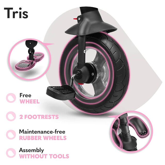 Lionelo Tris Rose grey Dreirad Laufrad Kinder Fahrrad mit Schiebestange flüsterleise Gummireifen