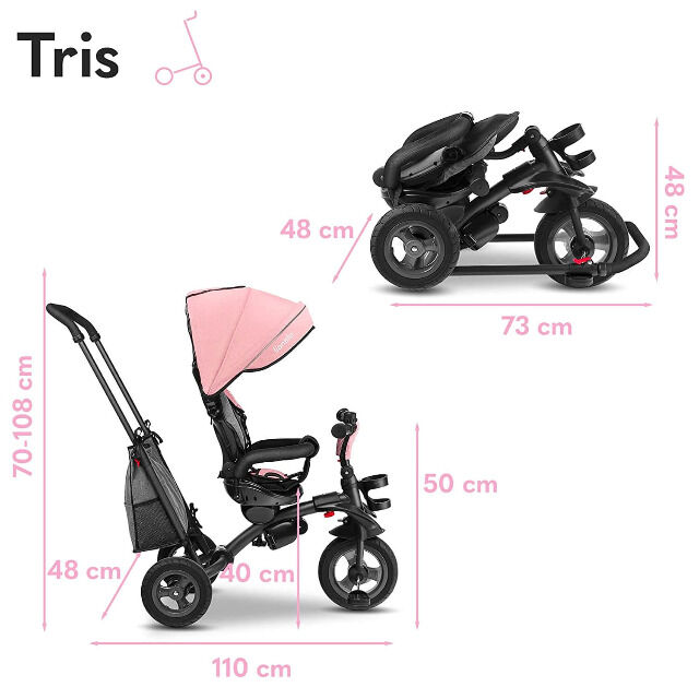 Lionelo Tris Rose grey Dreirad Laufrad Kinder Fahrrad mit Schiebestange flüsterleise Gummireifen