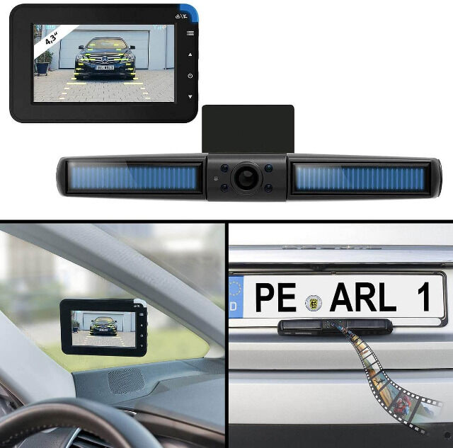 Lescars Kabellose Solar-Funk-Rückfahrkamera mit großem Farb-Monitor und wetterfestem Gehäuse
