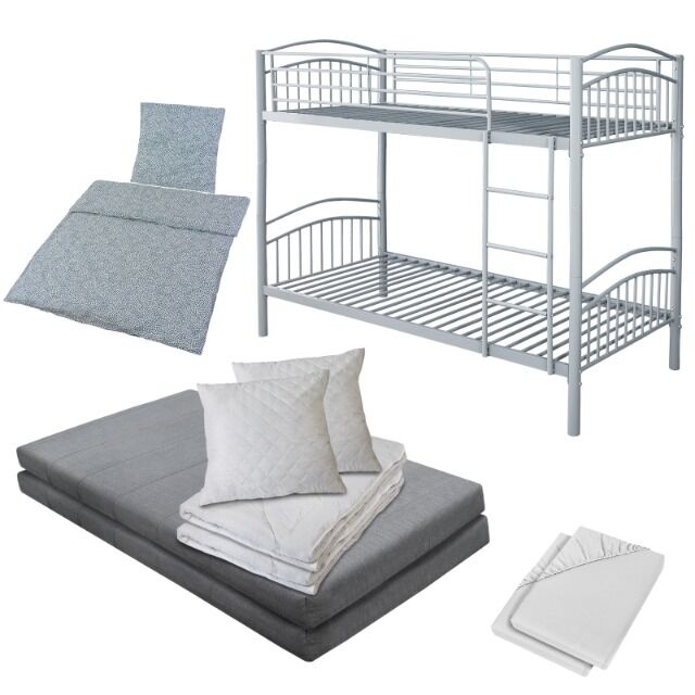 Komplettset: teilbares Etagenbett 190x90 cm inklusive 2 Matratzen, 2 Betten-Sets, 2 Spannbettlaken und 2 Bettwäschegarnituren