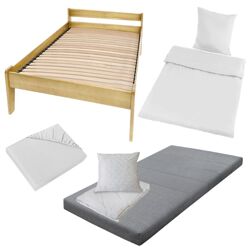 Komplettset: Bettgestell Kiefer inklusive Lattenrost, Matratze, Spannbettlaken, Bettenset und Bettwäsche