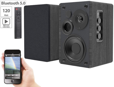 auvisio MSS-95. usb Aktives Stereo-Regallautsprecher-Set Holz-Gehäuse Bluetooth 5.0 120Watt Bluetooth Boxen Speaker HiFi Audio Anlage Sound 