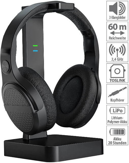 auvisio OK-320 Fernseh Kopfhörer Digitaler Stereo-Funk-Kopfhörer mit Akku & DSP 2in1 Ladestation Headset Musik Audio HiFi 