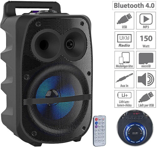 auvisio Partylautsprecher PMA-950.k PA-Partyanlage Bluetooth MP3 USB SD Karaoke Audio HiFi Mikrofon Bassbox Feier Musikbox Subwoofer Karaoke
