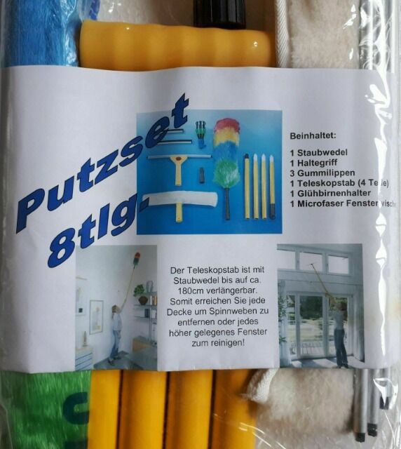 8 tlg Haushalt / Putzset mit Teleskopstab 80cm + Staubwedel, Microfaser- Reinigung