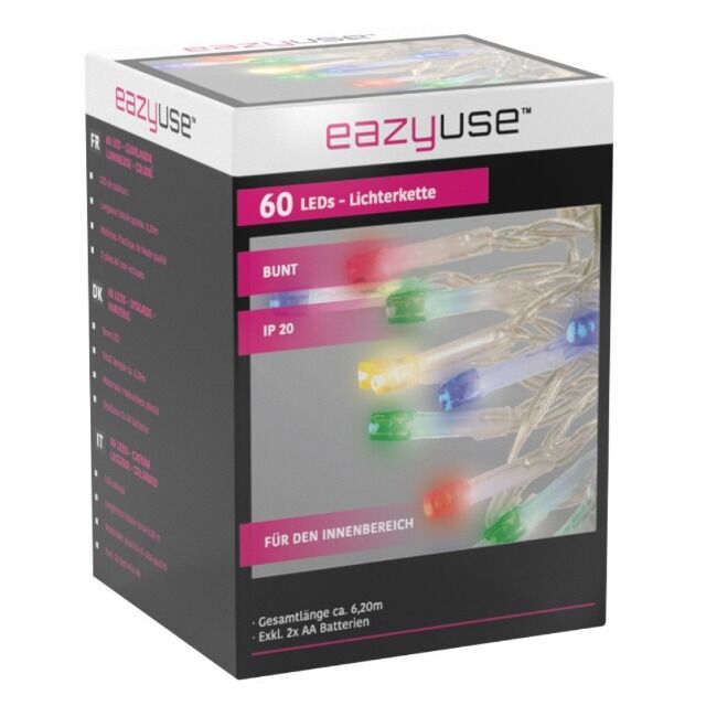 60 'er LED - Lichterkette IP 20 ca.6,2 m bunt batteriebetrieben 2 x AA Weihnachten