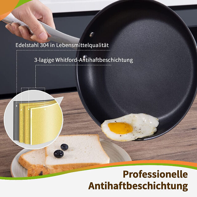 Pfanne Bratpfanne 24 cm Induktion aus Edelstahl mit Antihaftbeschichtung, backofenfest, leicht zu reinigen