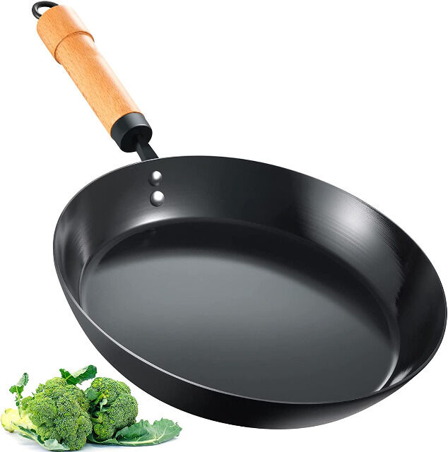 Pfanne Induktion 24 cm, Bratpfanne mit abnehmbarem Holzgriff aus Karbonstahl, unbeschichtete Omelettpfanne, ofenfeste Eisenfanne
