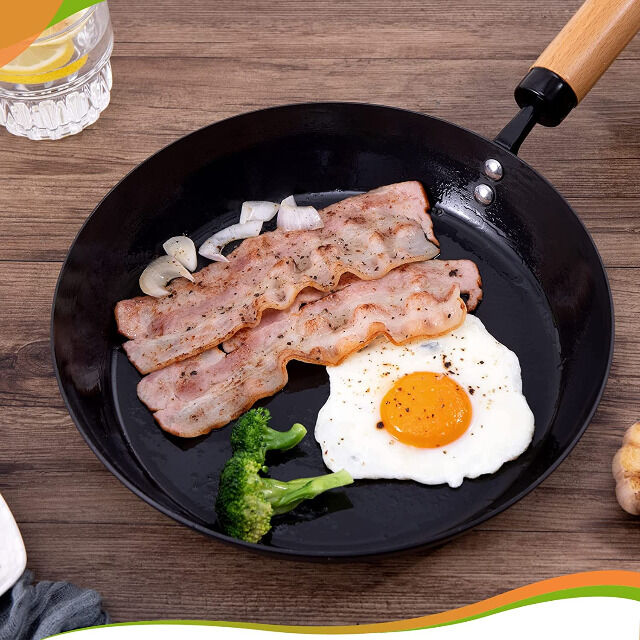 Pfanne Induktion 26 cm, Bratpfanne mit abnehmbarem Holzgriff aus Karbonstahl, unbeschichtete Omelettpfanne, ofenfeste Eisenpfann