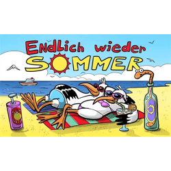 Flagge ENDLICH WIEDER SOMMER 90 x 150 cm mit 2 Messingösen Urlaub, Meer, Strand Sonne, Sommer, See Ufer Freizeit Ferien