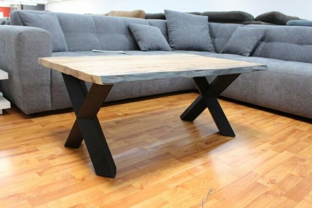 Couchtisch + Massivholz + Baumkante + Metall Gestell