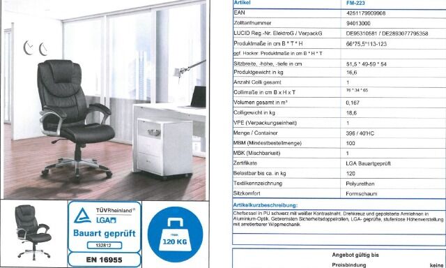 Bürostuhl Chefsessel versch. Farben + Funktionen + Neu auf Lager