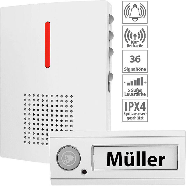 CASAcontrol FTK-120 Funkgong Funk-Türklingel mit Licht- & Ton-Signal, 100 m Reichweite, IPX4, weiß Klingel Gong Funkgong, Funkklingel 