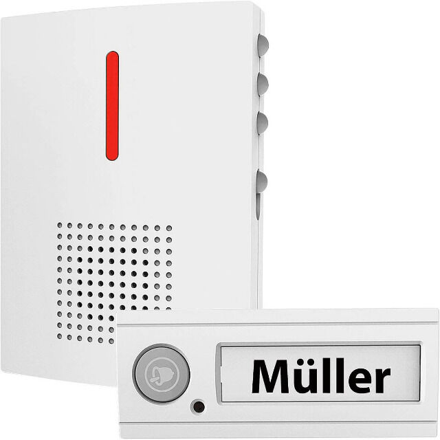 CASAcontrol FTK-120 Funkgong Funk-Türklingel mit Licht- & Ton-Signal, 100 m Reichweite, IPX4, weiß Klingel Gong Funkgong, Funkklingel 