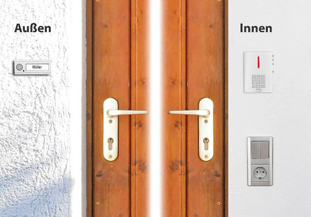 CASAcontrol FTK-120 Funkgong Funk-Türklingel mit Licht- & Ton-Signal, 100 m Reichweite, IPX4, weiß Klingel Gong Funkgong, Funkklingel 