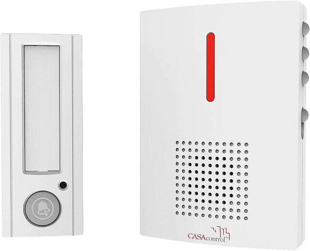 CASAcontrol FTK-120 Funkgong Funk-Türklingel mit Licht- & Ton-Signal, 100 m Reichweite, IPX4, weiß Klingel Gong Funkgong, Funkklingel 