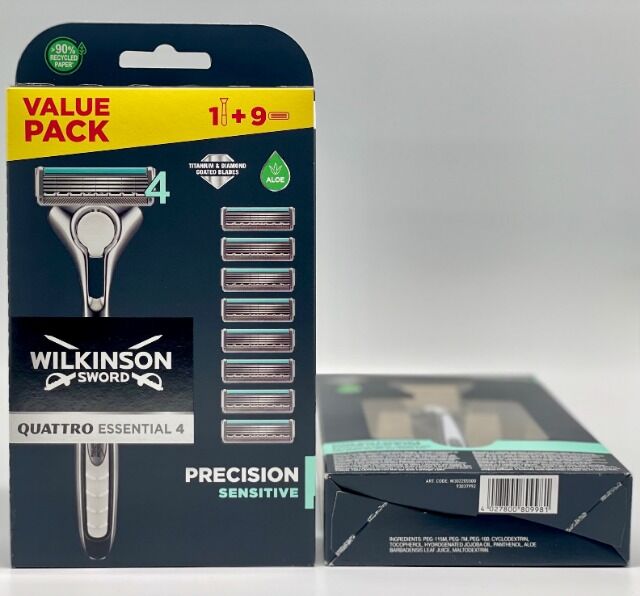 WILKINSON QUATTRO TITANIUM  ESSENTIAL 4 SENSITIVE RASIERER + 9 ERSATZKLINGEN