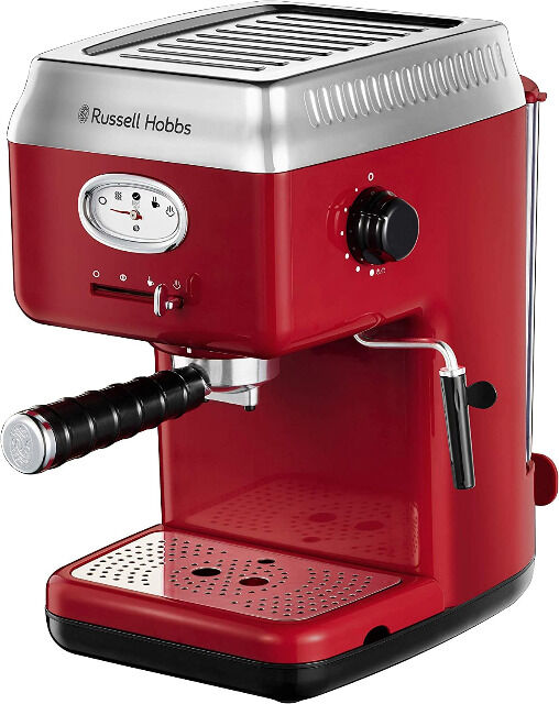Russell Hobbs Siebträger Retro Espressomaschine Rot + 2 Tasseinsätzen + Wassertank+ Milchschaumdüse Retro-Küchenausstattung Kaffeemaschine